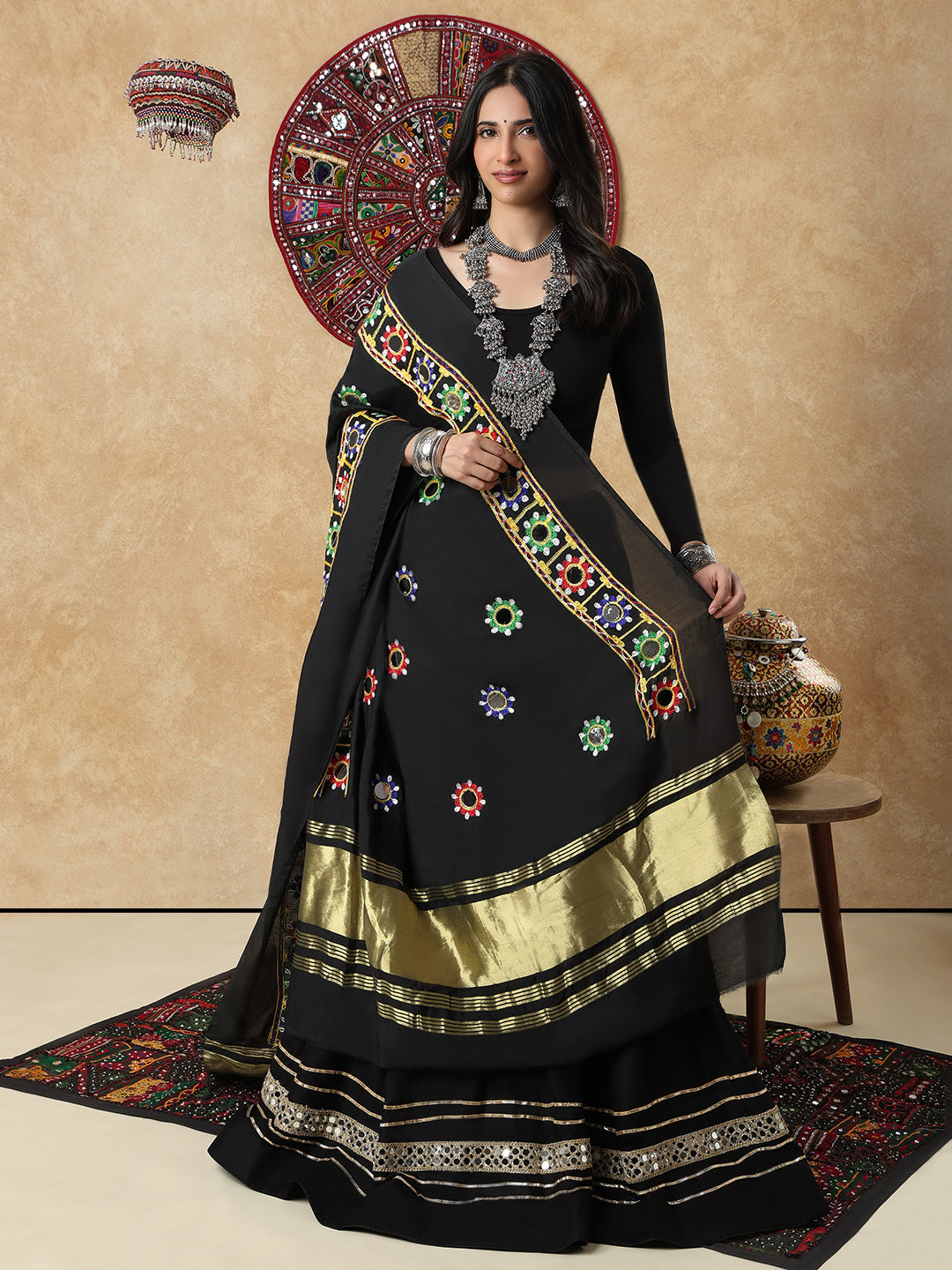 Black Silk Embroidered Mirror Work Festive Garba Dupatta For Navratri