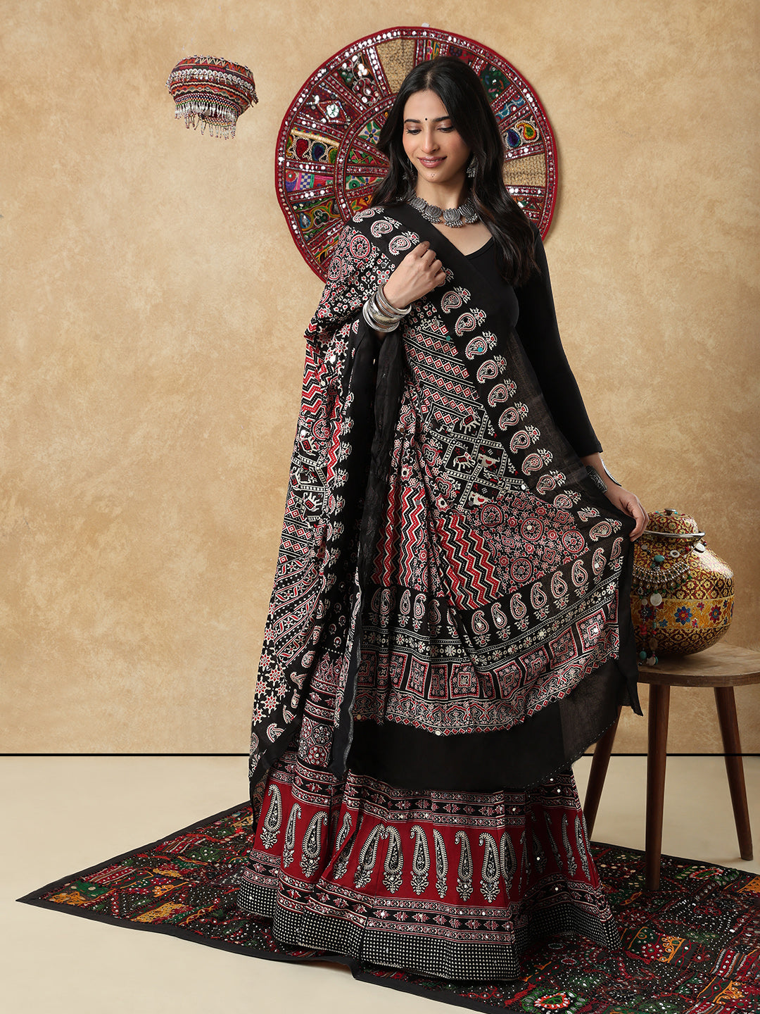 Black Silk Ajrakh Mirror Work Festive Garba Dupatta For Navratri