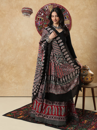 Black Silk Ajrakh Mirror Work Festive Garba Dupatta For Navratri