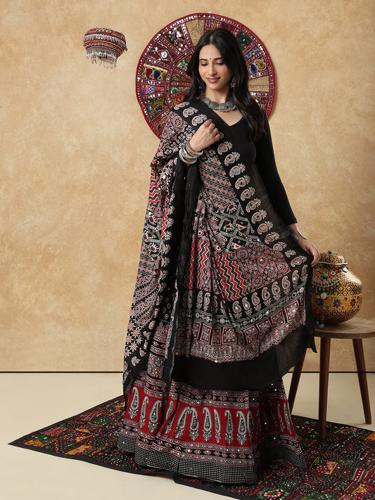 Black Silk Ajrakh Mirror Work Festive Garba Dupatta For Navratri