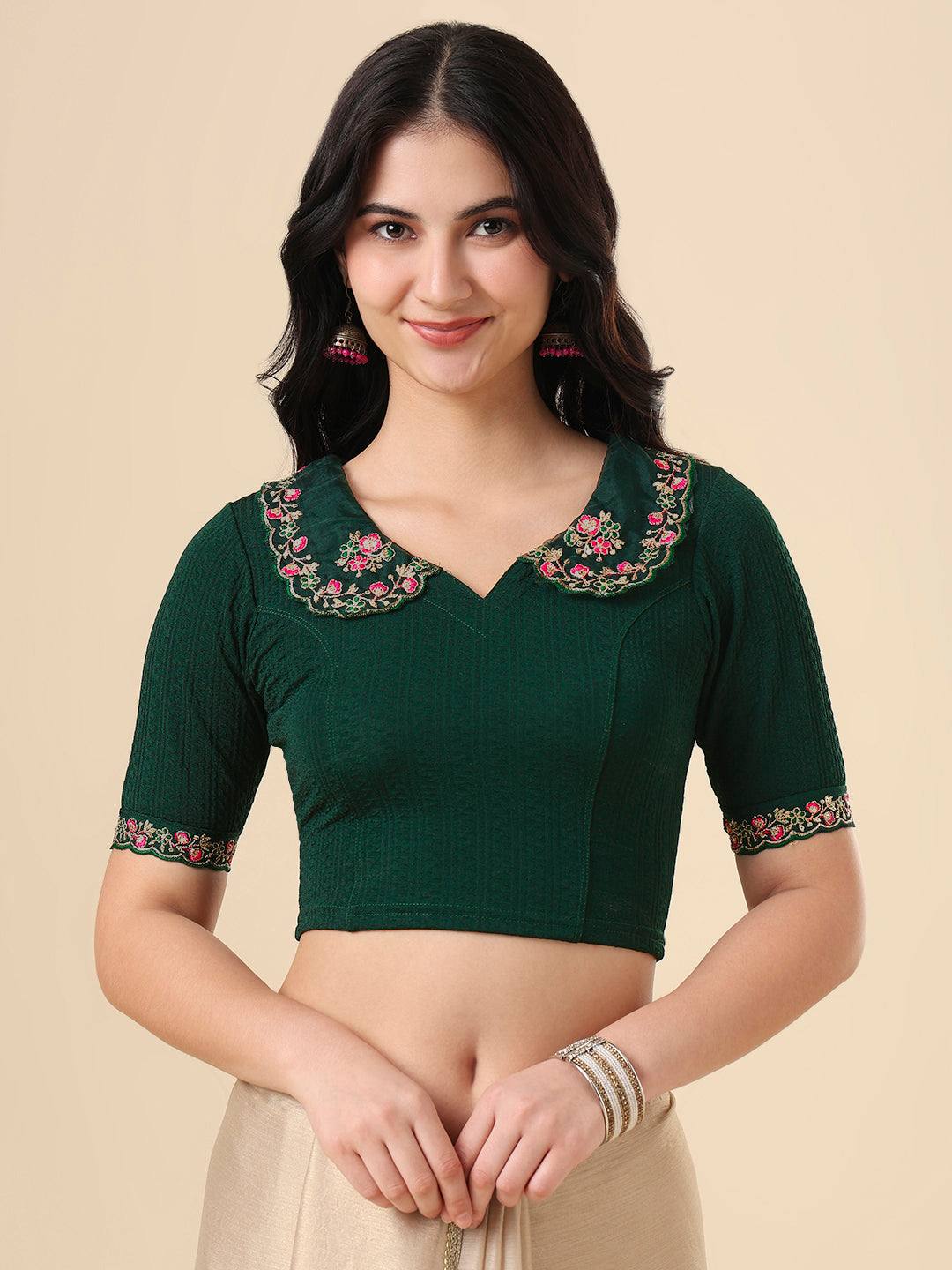 Green Lycra Peter Pan Collar Neck Readymade Blouse