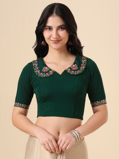 Green Lycra Peter Pan Collar Neck Readymade Blouse