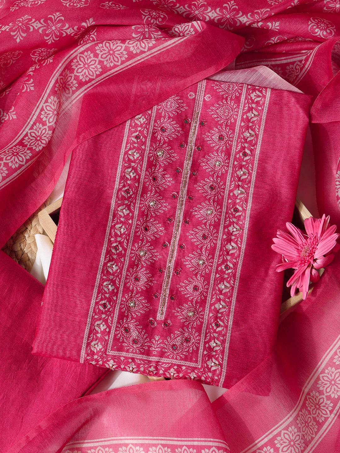 Pink Chanderi Silk Embellished Unstitched Dress Material (3 Pc)