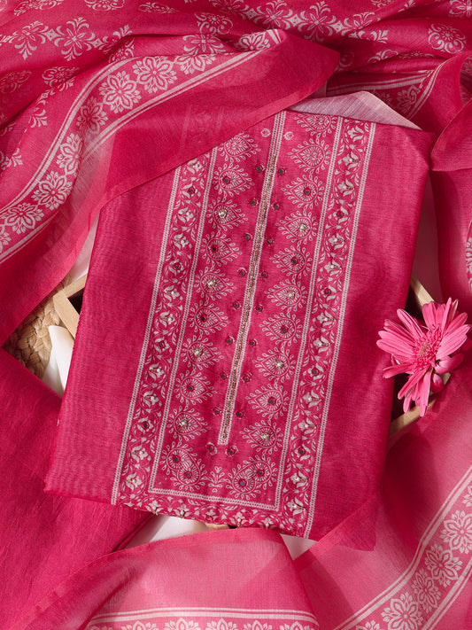 Pink Chanderi Silk Embellished Unstitched Dress Material (3 Pc)