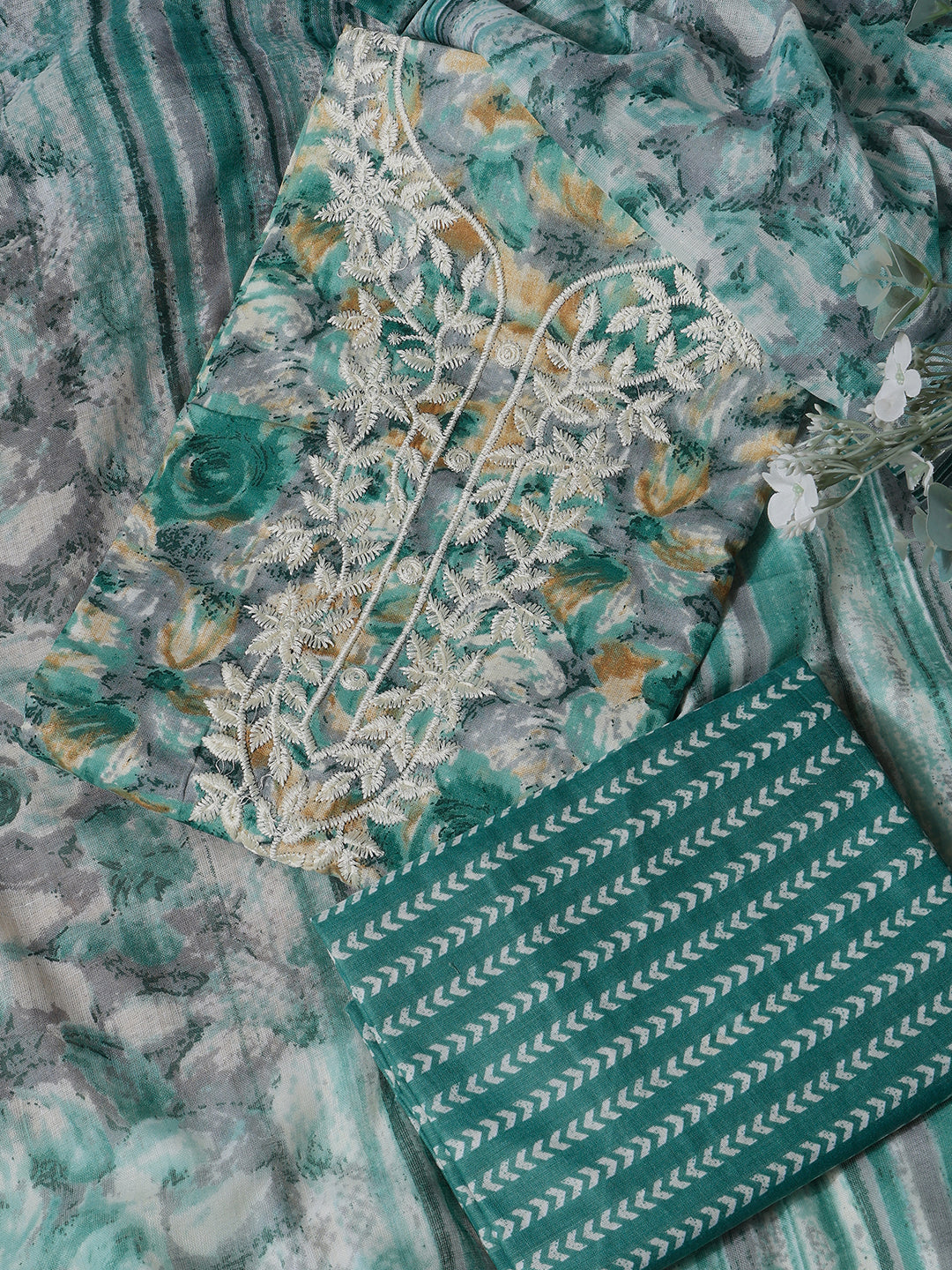 Cotton Embroidered Sea Green Unstitched Dress Material