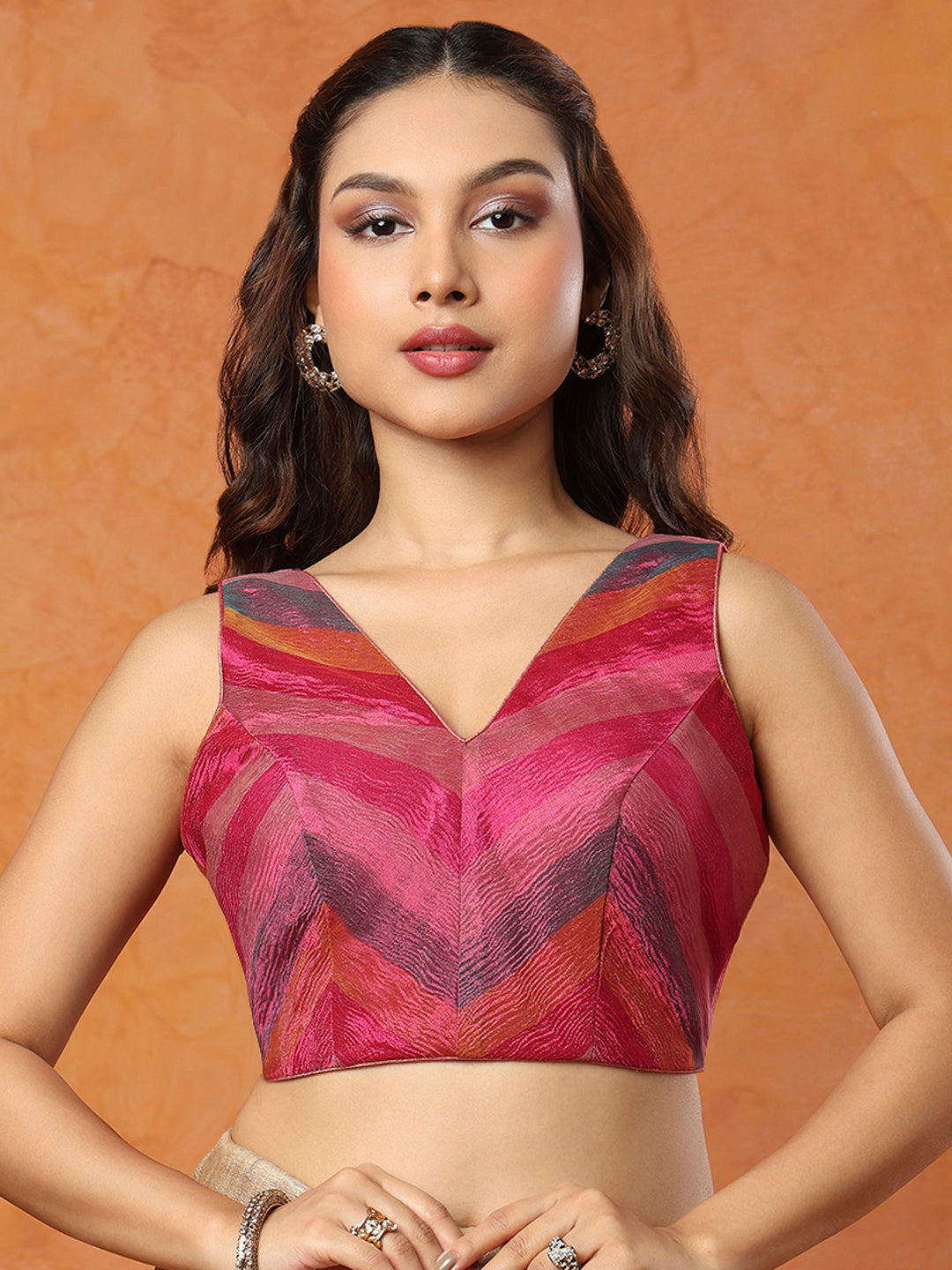 Dark Pink Tissue Sleeveless Readymade Blouse