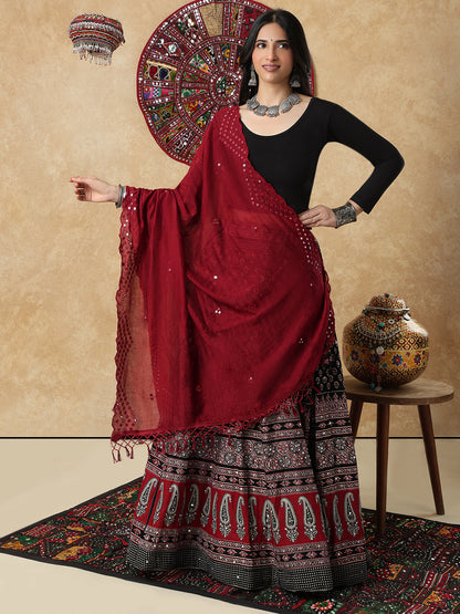 Wine Silk Mirror Work Festive Garba Dupatta For Navratri