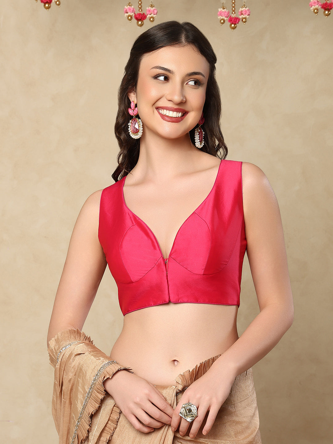 Pink Taffeta Sleeveless Readymade Blouse