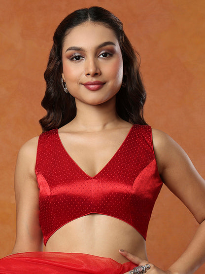 Red Silk Sleeveless Readymade Blouse