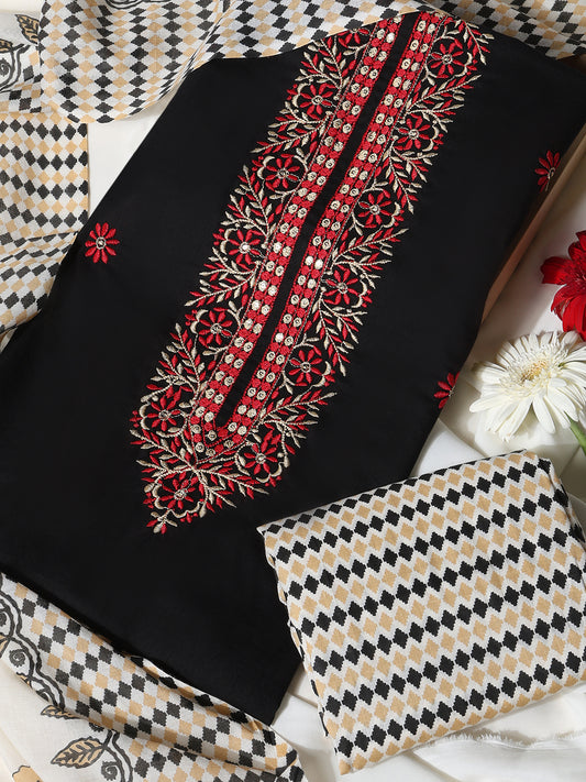 Cotton Embroidered Black Unstitched Dress Material