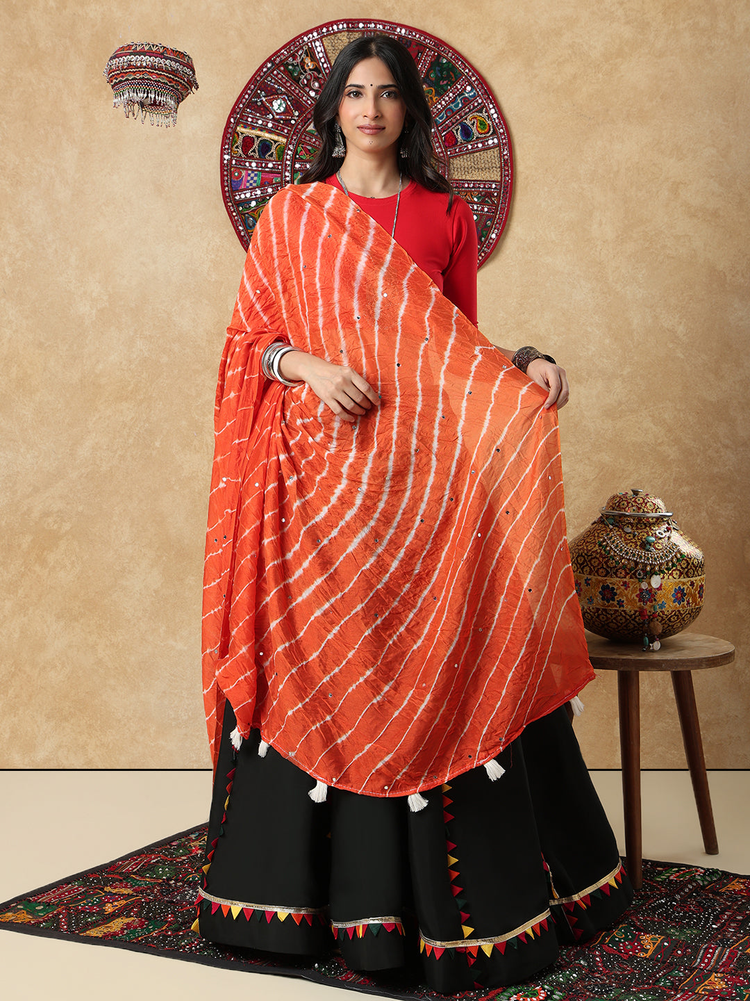 Orange Silk Tie & Dye Festive Garba Dupatta For Navratri