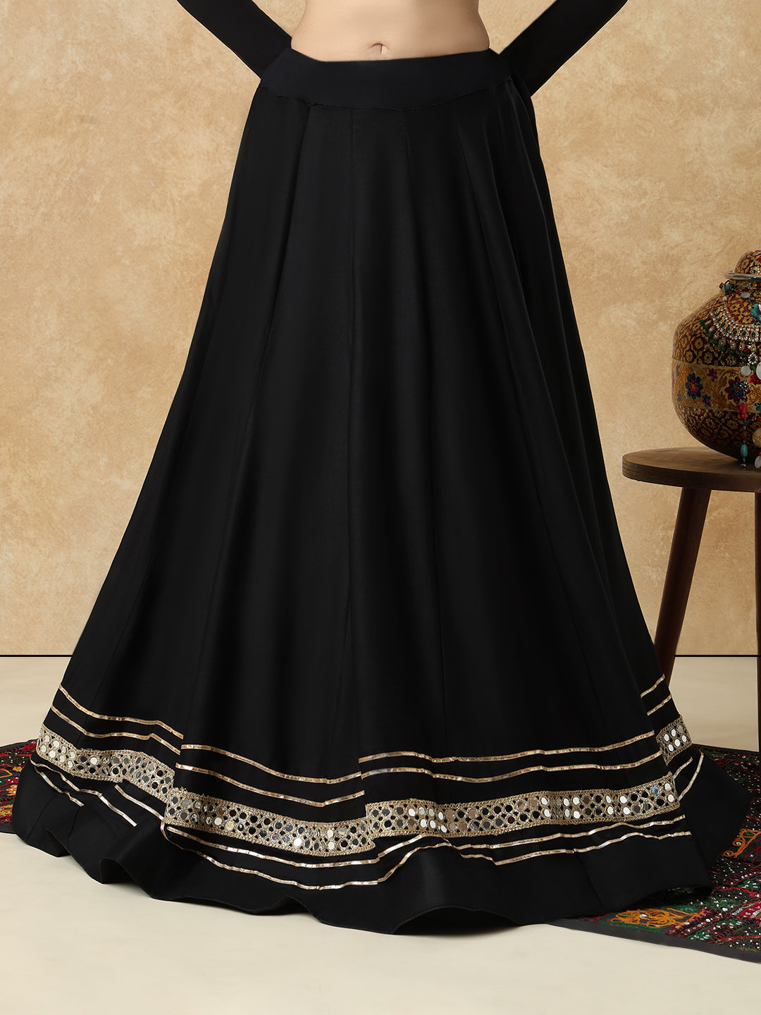Black Embellished Garba Cotton Readymade Skirt For Navratri