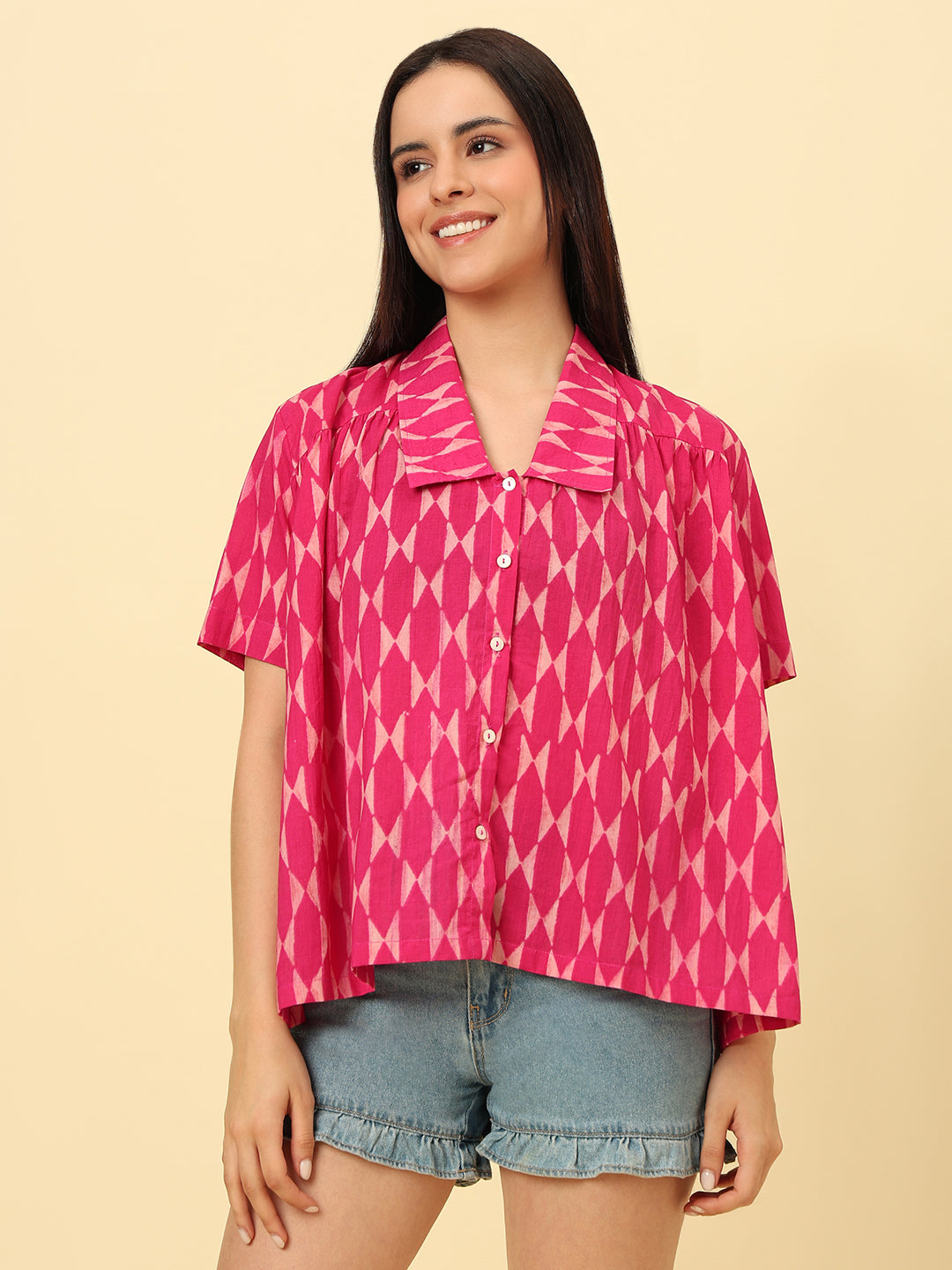 Pink Cotton Printed Oversized Casual Shirt