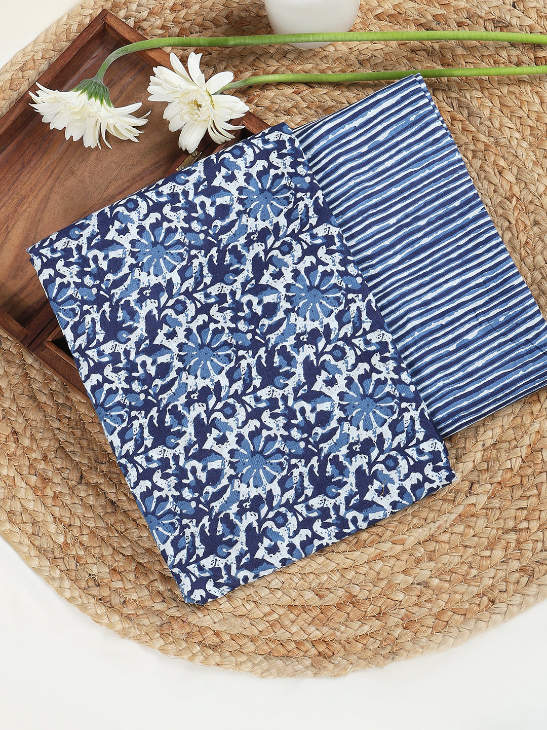 Blue Printed Cotton Printed Unstitched Dress Material (2 Pc)