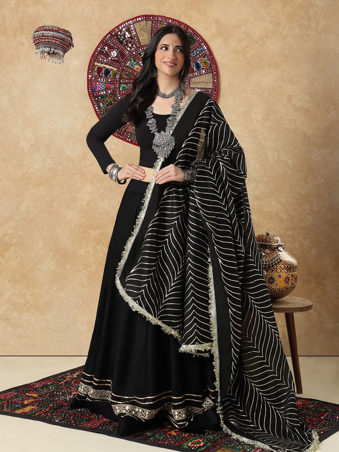 Black Silk Festive Garba Dupatta For Navratri