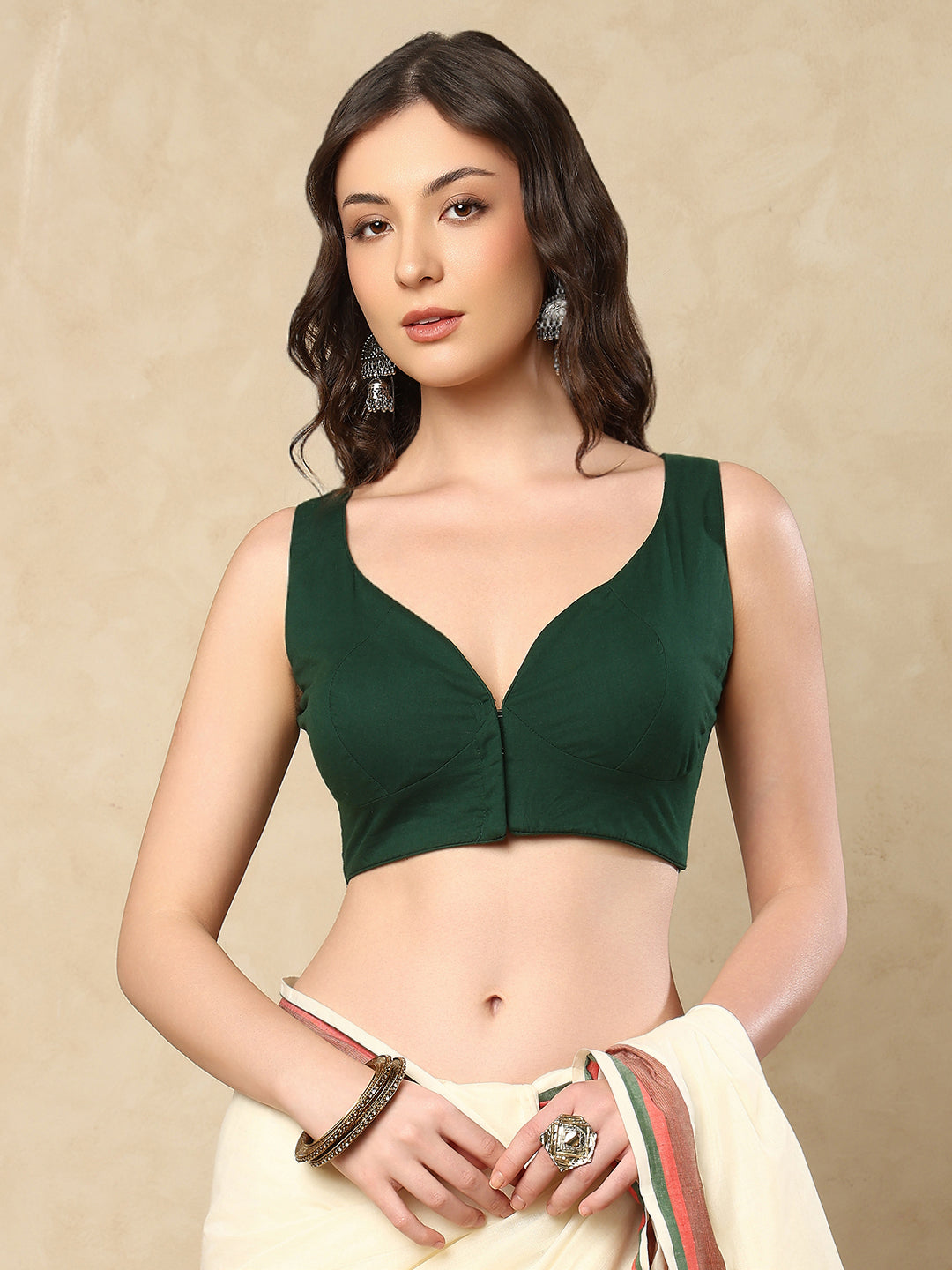 Bottle Green Cotton Sleeveless Readymade Blouse