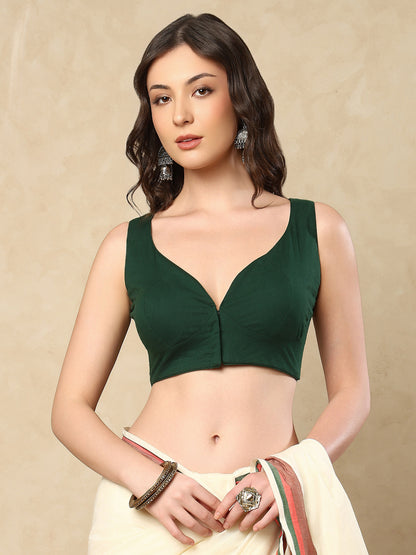 Bottle Green Cotton Sleeveless Readymade Blouse