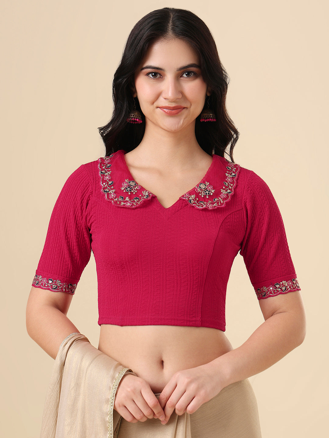 Pink Lycra Peter Pan Collar Neck Readymade Blouse