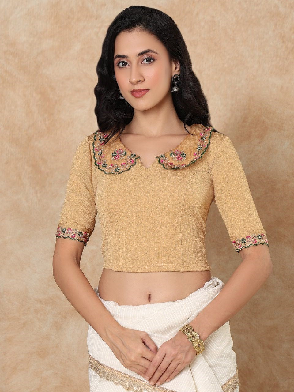 Gold Embroidered Non Padded Stretchable Saree Blouse