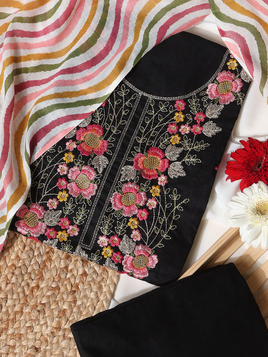 Cotton Embroidered Black Unstitched Dress Material