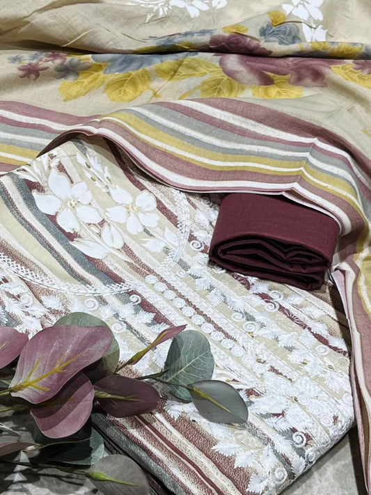 Mauve Cotton Embroidered Unstitched Dress Material
