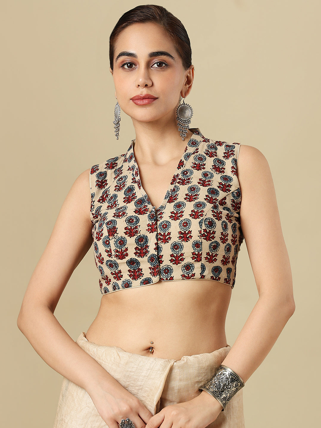 Beige Pure Cotton Ajrakh Block Printed Readymade Blouse