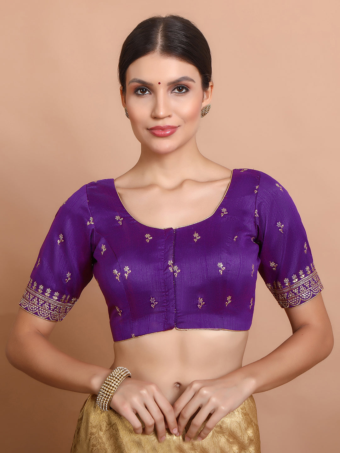 Purple Silk Embroidered Round Neck Readymade Blouse