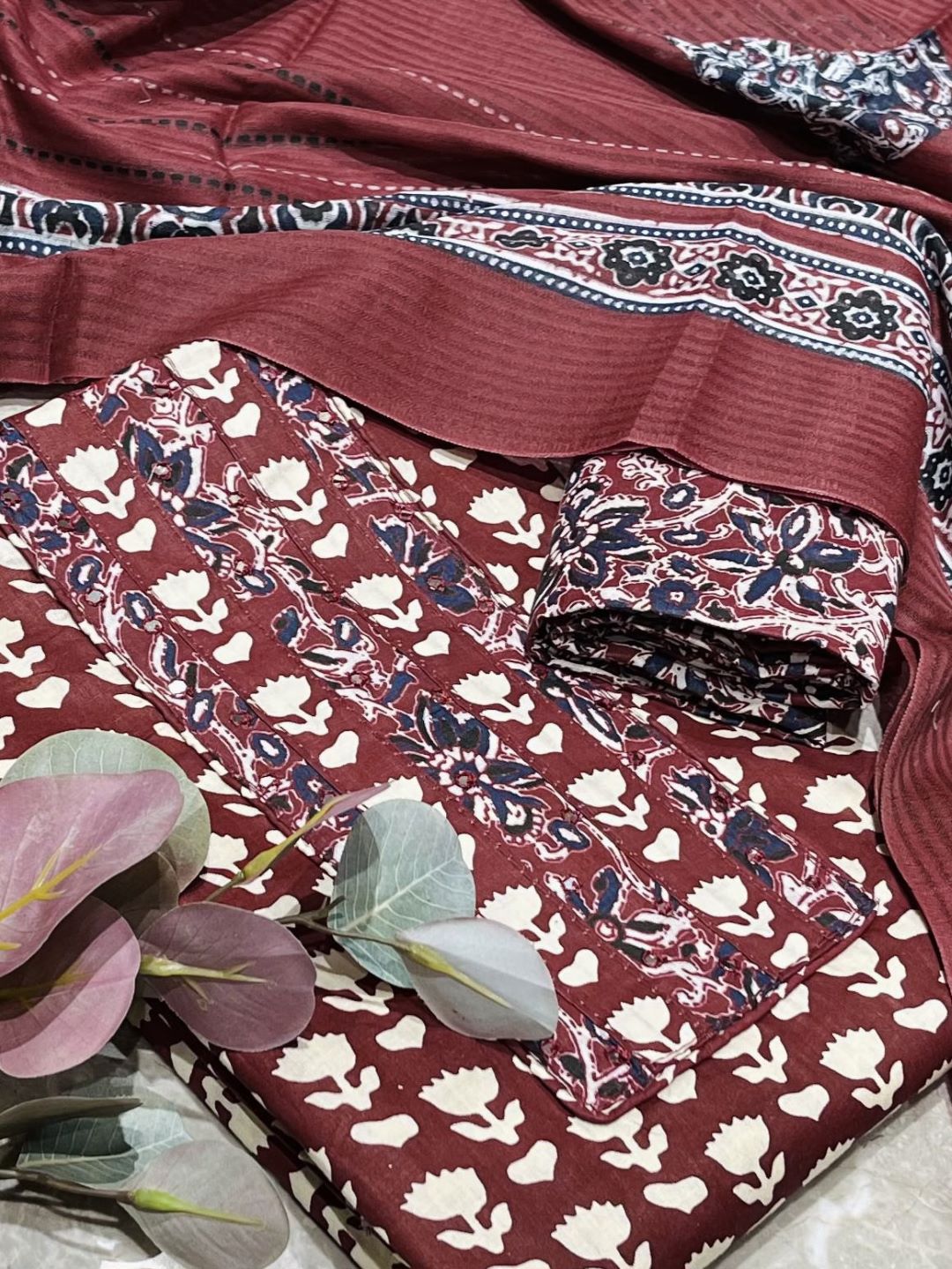 Maroon Cotton printed Unstitched Dress Material