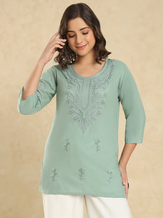 Sea Green Cotton Solid Embroidered Short Kurti
