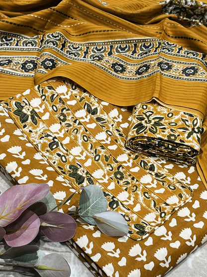 Mustard Cotton printed Unstitched Dress Material