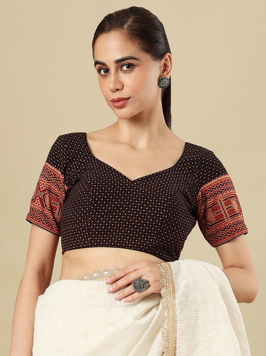 Black Ajrakh Printed Pure Cotton Saree Blouse