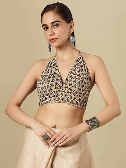 Beige Ajrakh Hand Block Printed Pure Cotton Halter Neck Padded Saree Blouse