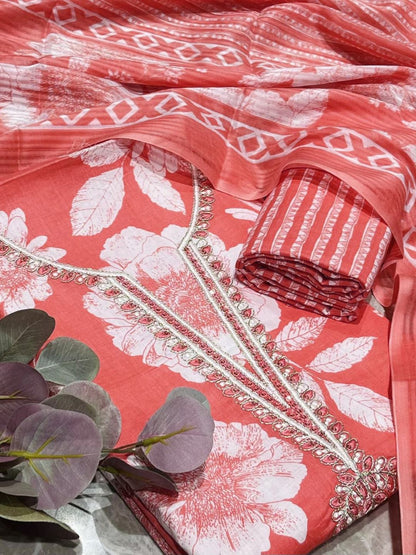 Orange Cotton printed Unstitched Dress Material