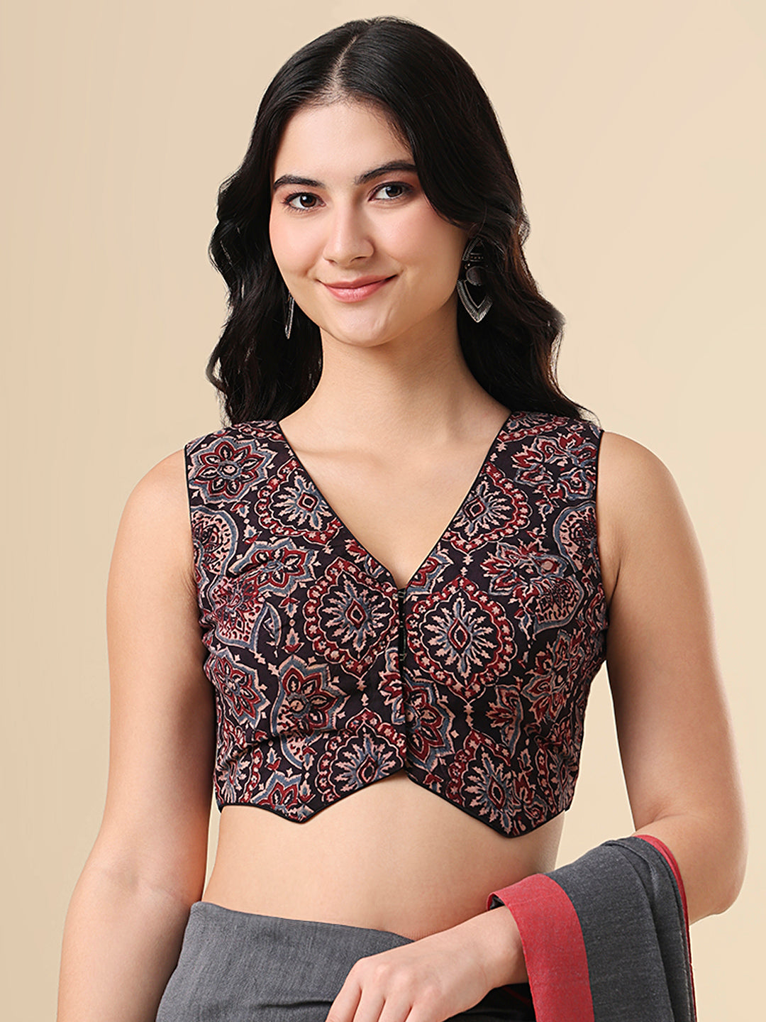 Black Ajrakh Waistcoat Sleeveless Readymade Blouse