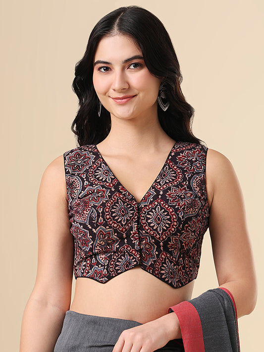 Black Ajrakh Waistcoat Sleeveless Readymade Blouse