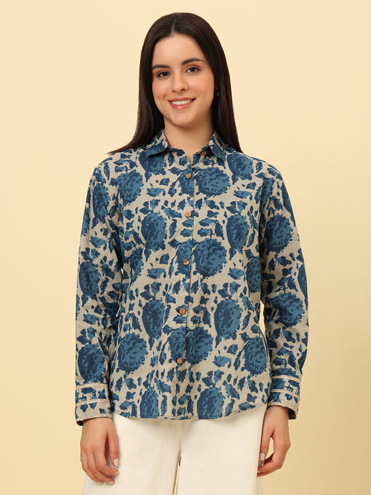 Blue Cotton Printed Oversized Casual Shirt