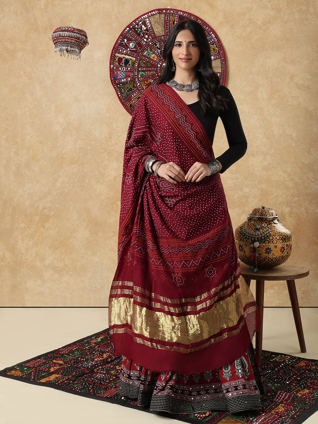 Maroon Silk Bandhani Printed Festive Garba Dupatta For Navratri