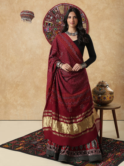 Maroon Silk Bandhani Printed Festive Garba Dupatta For Navratri