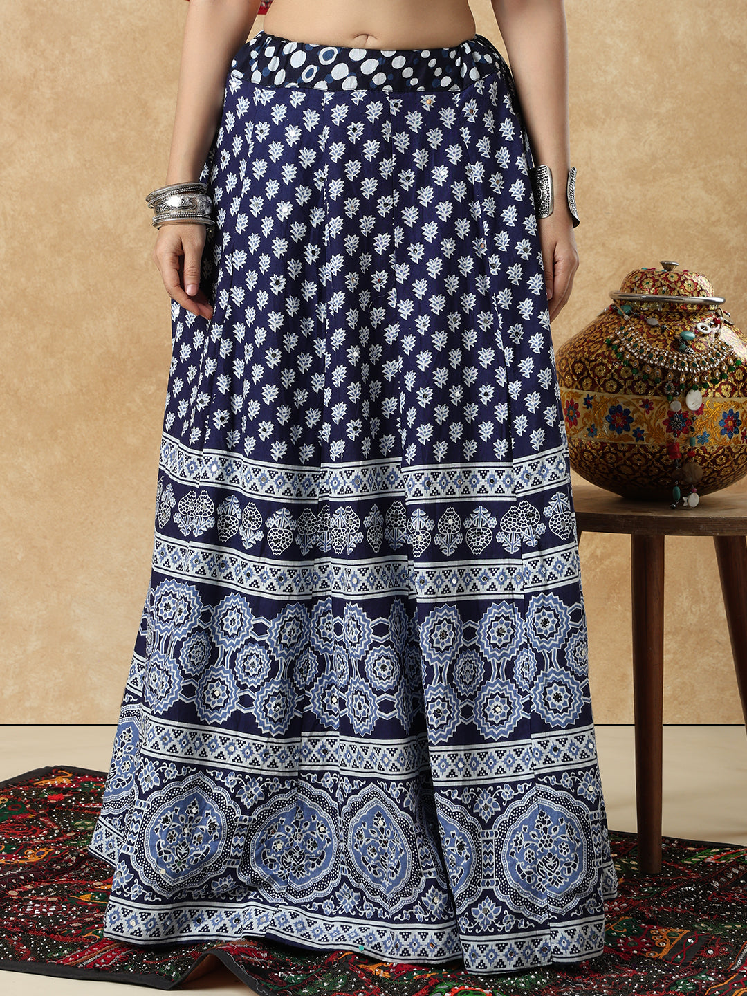 Navy Blue Mirror Work Cotton Garba Festive Readymade Skirt For Navratri