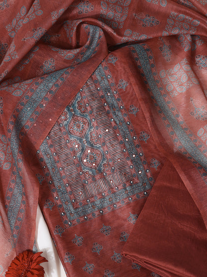 Maroon Chanderi Silk Embellished Unstitched Dress Material (3 Pc)