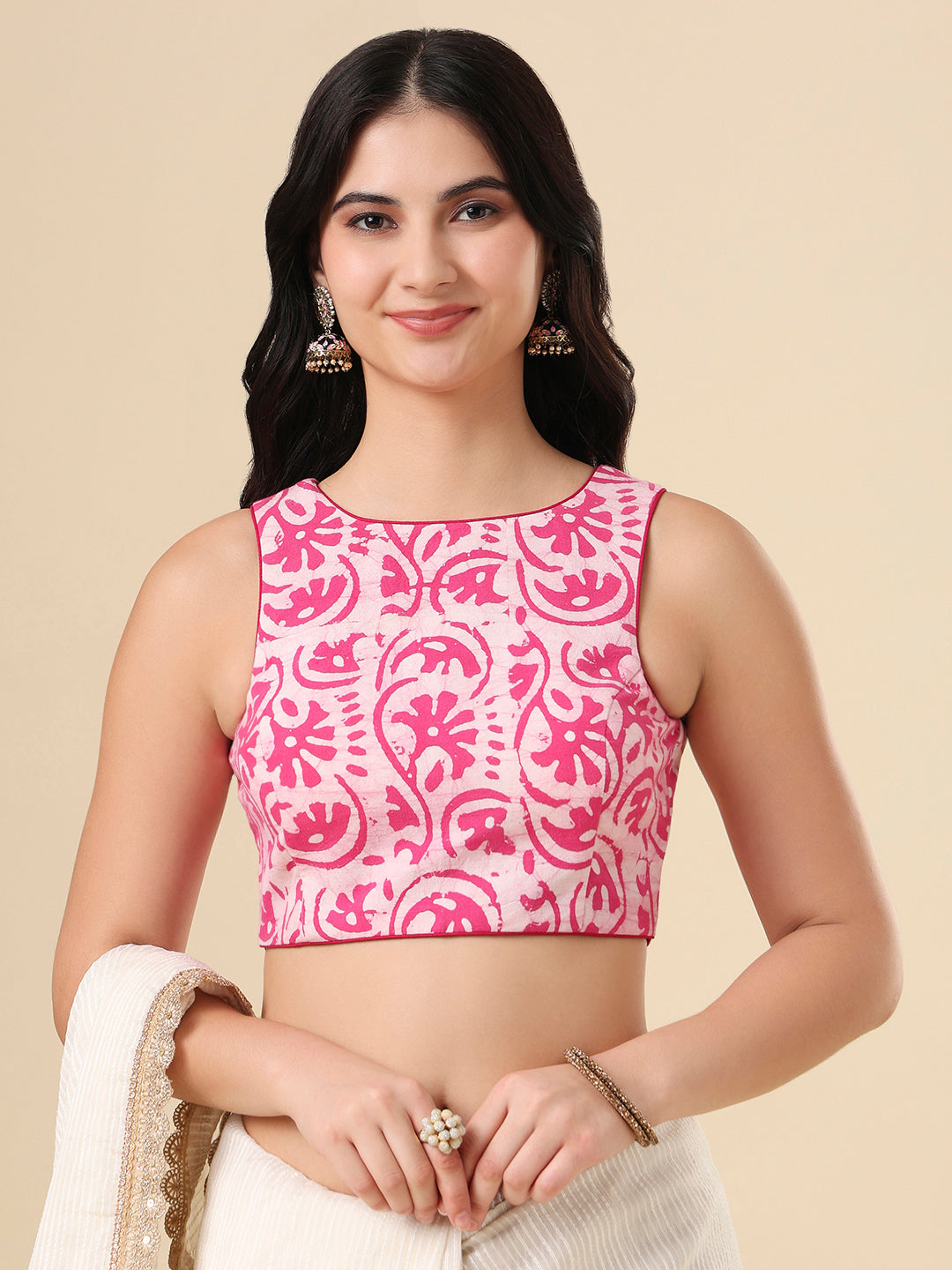 Pink Pure Cotton Batik Printed Readymade Blouse