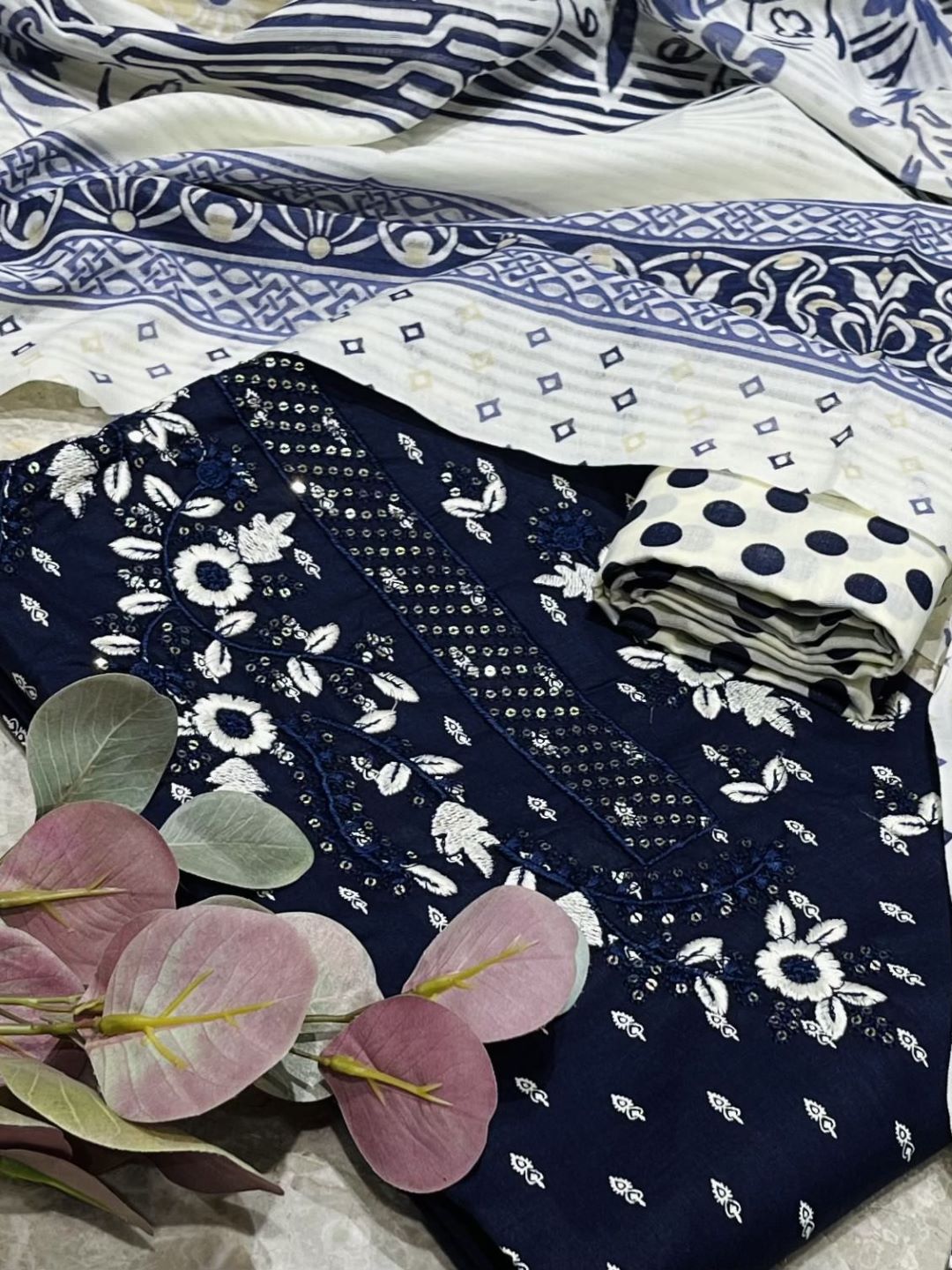 Navy Blue Cotton Embroidered Unstitched Dress Material