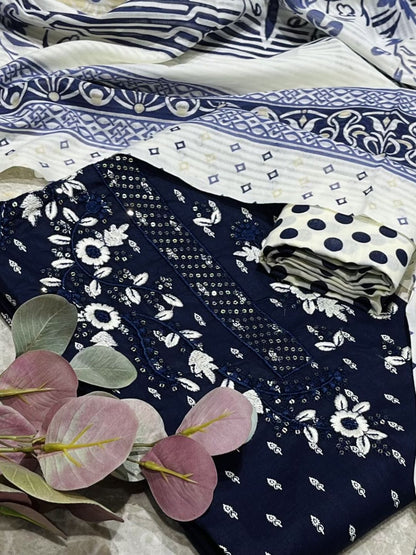 Navy Blue Cotton Embroidered Unstitched Dress Material