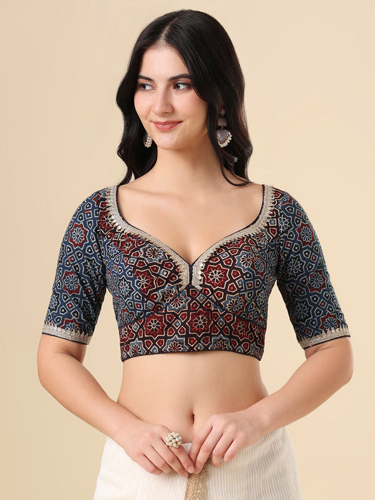 Blue Cotton Sweetheart Neck Hand Block Printed Ajrakh Readymade Blouse