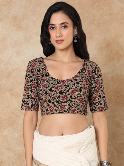 Black Cotton Kalamkari Round Neck Stretchable Readymade Blouse