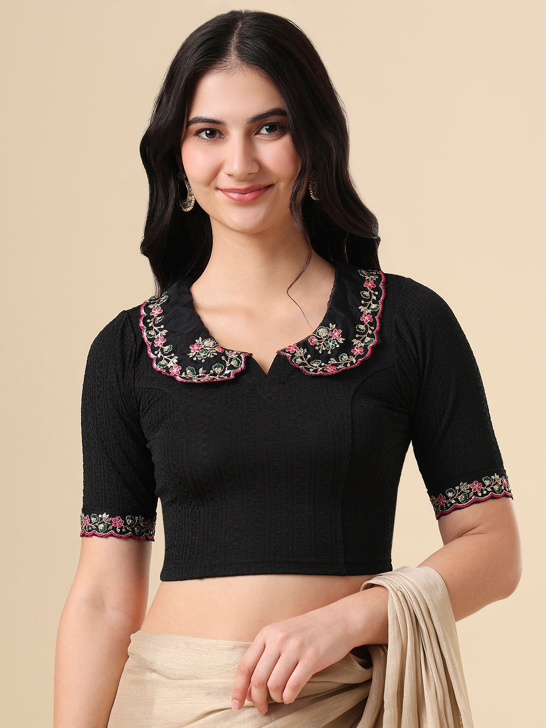 Black Lycra Peter Pan Collar Neck Readymade Blouse