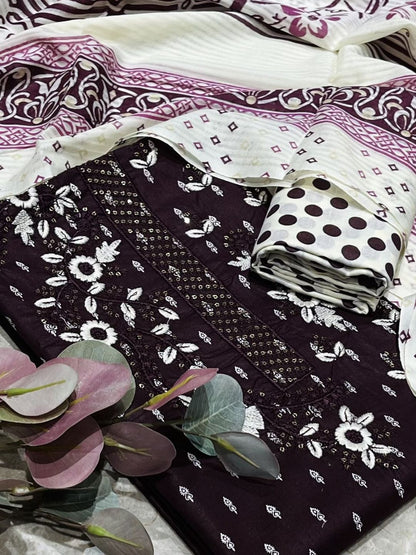 Wine Cotton Embroidered Unstitched Dress Material