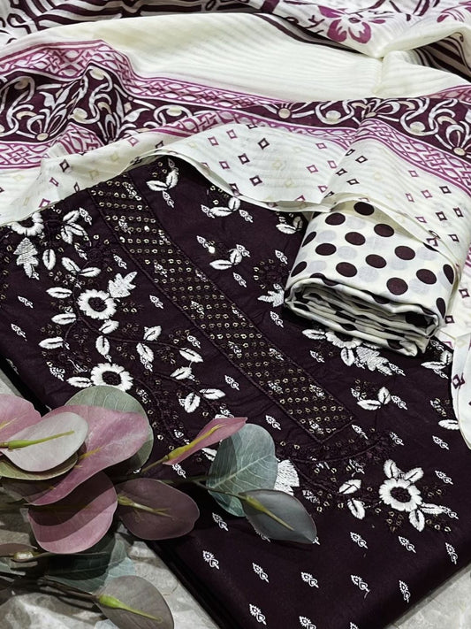 Wine Cotton Embroidered Unstitched Dress Material