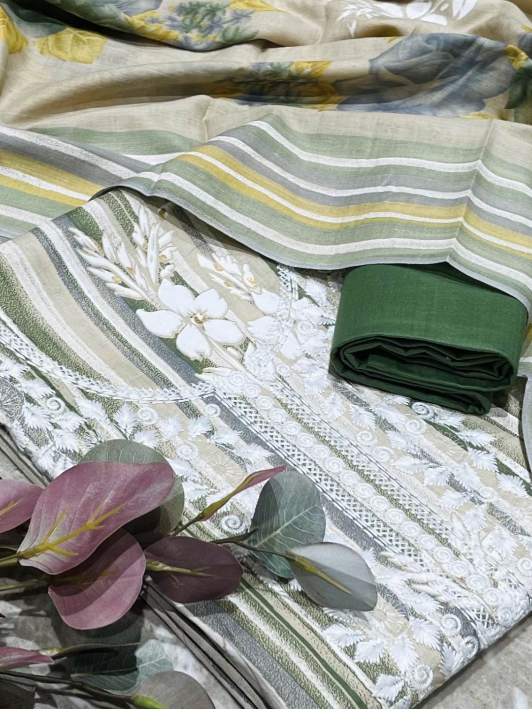 Green Cotton Embroidered Unstitched Dress Material