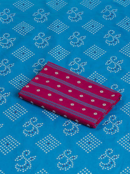 Blue & Pink Cotton Printed Unstitched Dress Material (2 Pc)